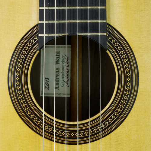 rosette and label of Andreas Wahl classical guitar spruce, rosewood, year 2013