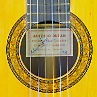 Classical guitar built in 1978 in Granada by Spanish guitar maker Antonio Duran with spruce top and rosewood back and sides, rosette and label