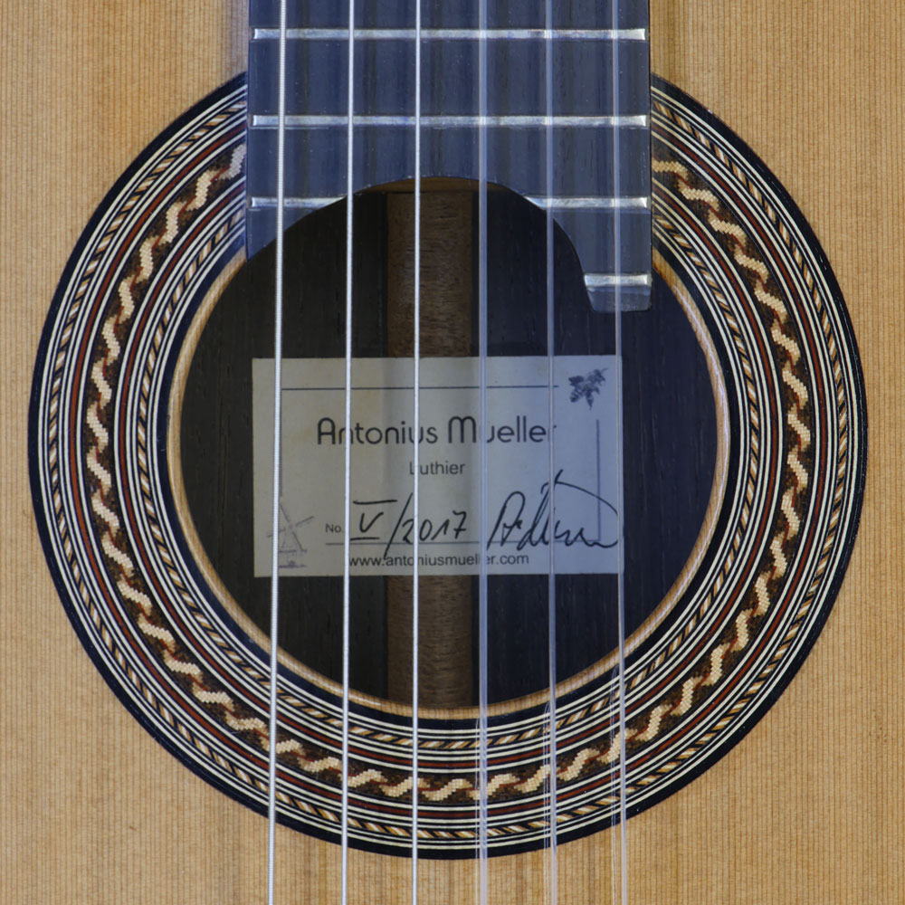 Antonius Müller Meistergitarre Zeder, Riopalisander, Baujahr 2017, Rosette, Label