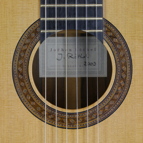 Rosette and label of a classical guitar built by Jochen Röthel