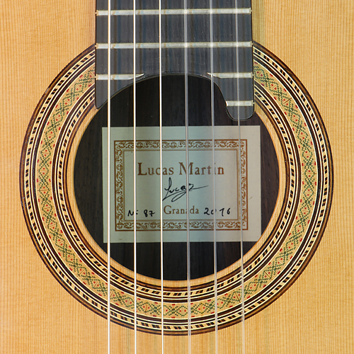Lucas Martin Luthier guitar cedar rosewood, built in 2016, rosette. label