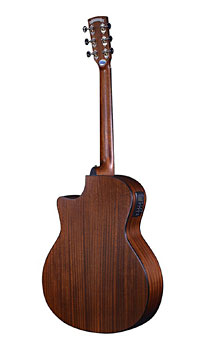 Crafter Lite G16 CE, satin finished acoustic guitar in Grand Auditorium shape with solid spruce top and mahogany back and sides, with pickup and cutaway, back view
