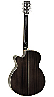 Tanglewood Black Shadow Winterleaf, black finished acoustic guitar with pickup in Folk shape with solid spruce top and mahogany on back and sides, with cutaway, back view